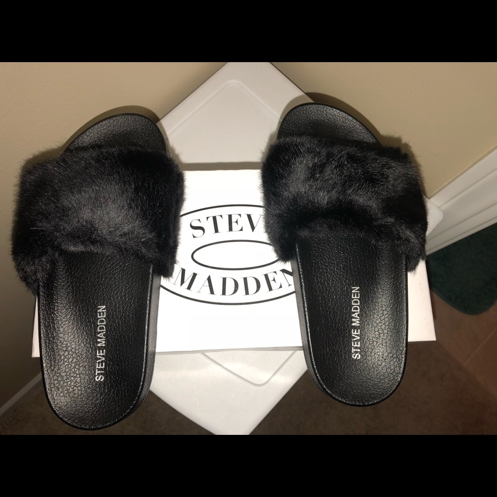 Fluffy Steve Madden slides